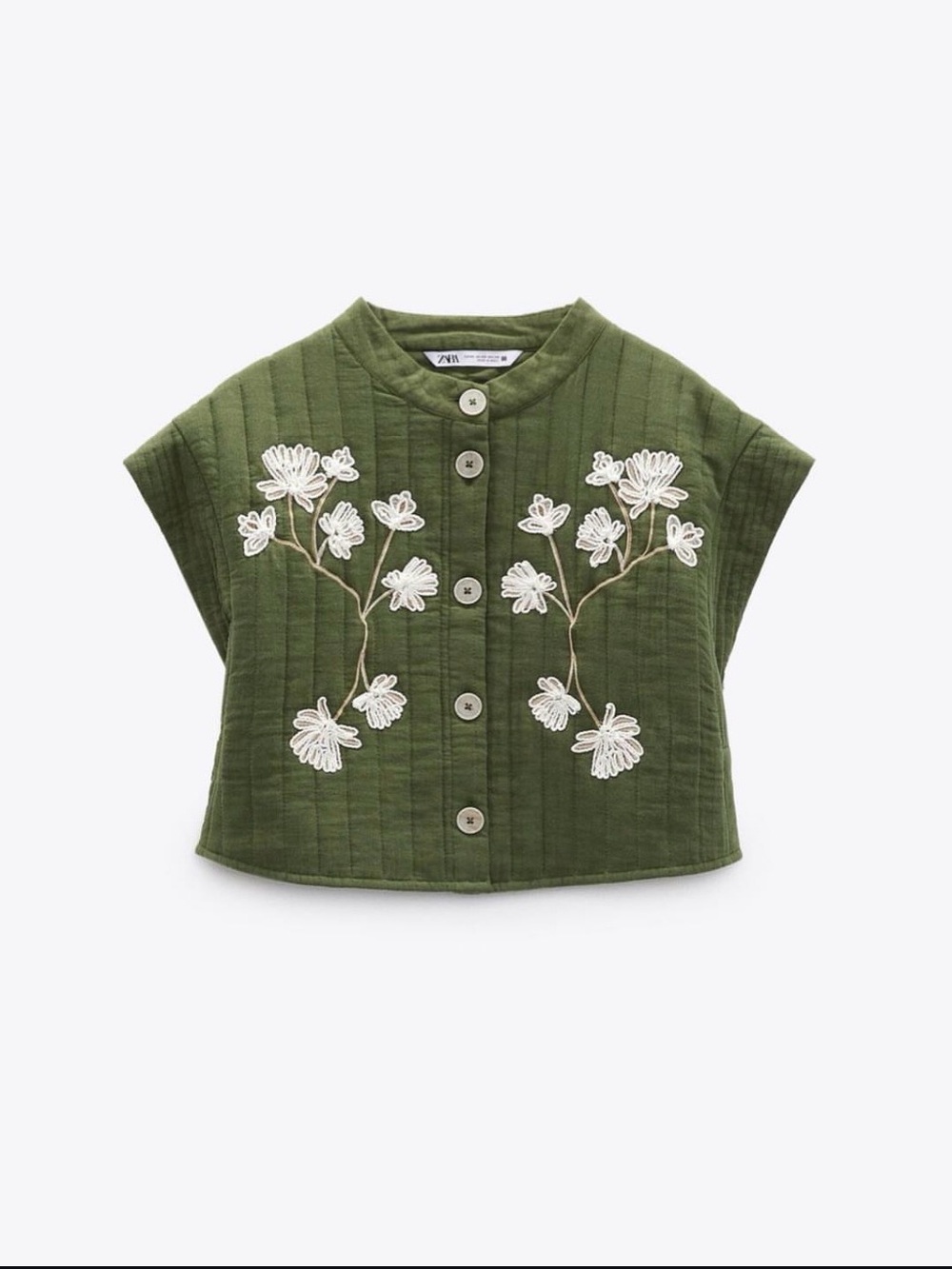 Zara Olive Green Quilted Button-Front Top with White Floral Embroidery